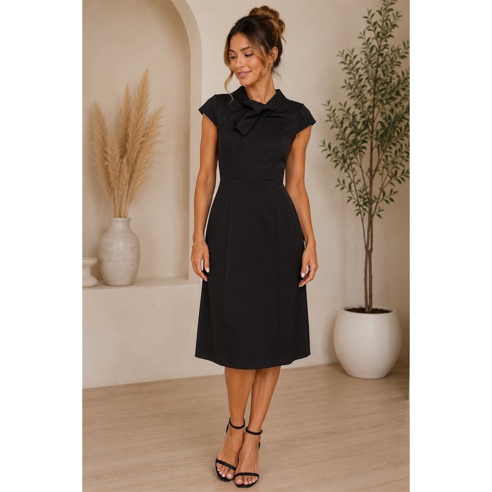 AA Studio Dress Womens Size 14 Black Bow Neck Cap Sleeve Fit & Flare Midi
